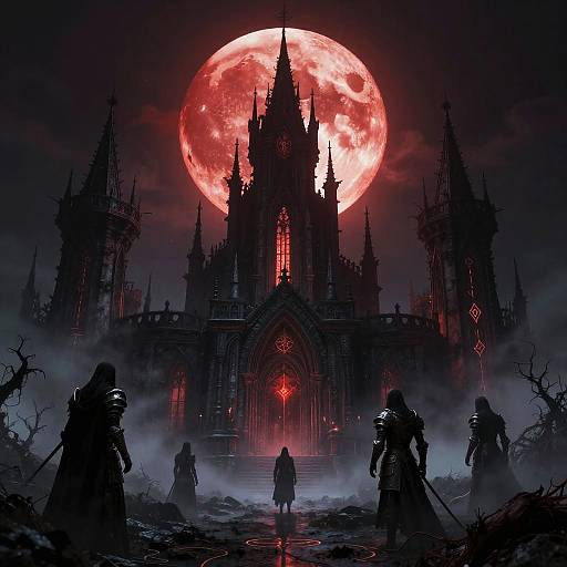 Digital art: Gothic castle under a glowing red moon, silhouetted knights in armor, misty foreground, eerie red eyes on central archway