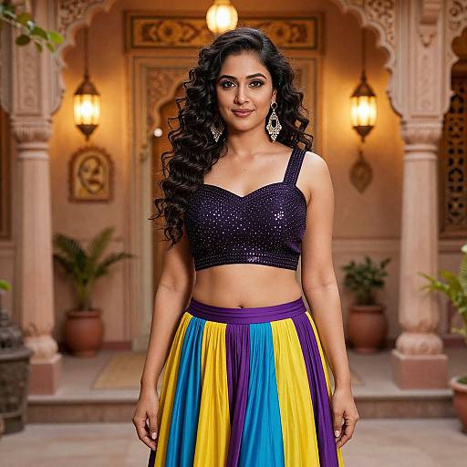 Photograph of a beautiful Indian woman with long, curly black hair, wearing a sparkly black crop top and colorful, pleated skirt, standing in