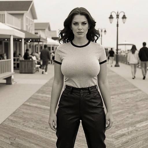Black-and-white photograph of a confident, curvy woman with large breasts, dark wavy hair, white shirt, black pants, standing on a wooden