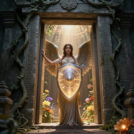 Digital art of an angelic woman with wings, golden armor, and a glowing shield, standing in a sunlit, ancient, flower-filled stone doorway