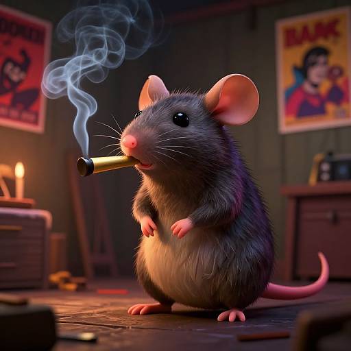 CGI image of a smoking, anthropomorphic rat with pink ears and feet, standing on a wooden floor in a dimly lit, cluttered room