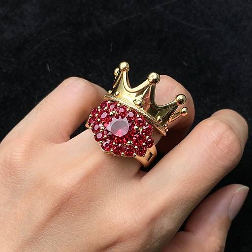 Photograph of a hand wearing a gold crown ring adorned with red gemstones and a central pink gemstone, against a black background.