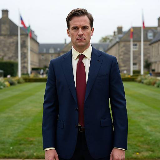 Photograph of a serious-looking man in a navy suit, white shirt, and red tie, standing in a grassy courtyard with stone buildings and flags