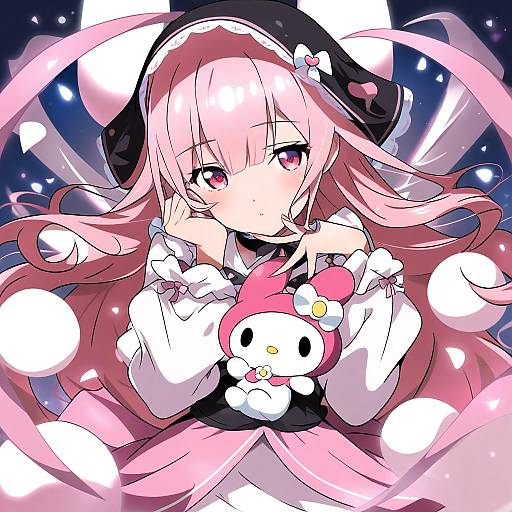 Illustration of My melody, sanrio in the style of Tokiani