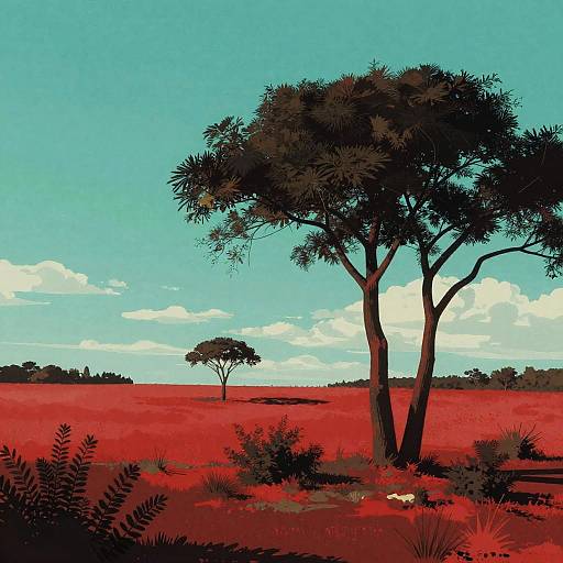 Surreal Vibrant Landscape with Umbrella Trees