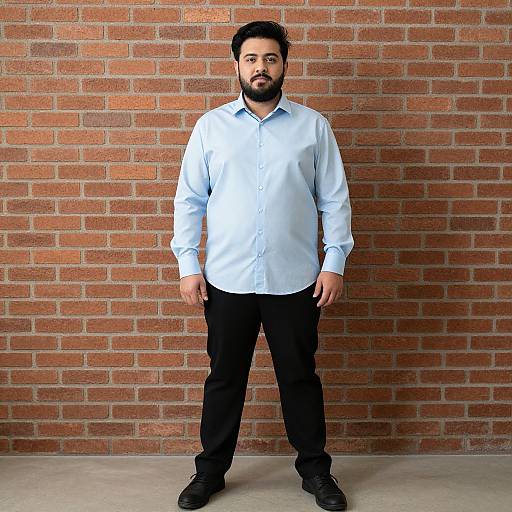 Photograph of a bearded man with dark hair, wearing a light blue shirt, black pants, and black shoes, standing against a red brick wall