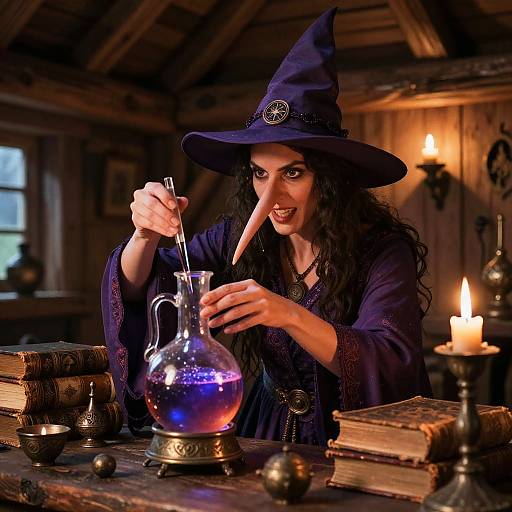 Photograph of a witch with long black hair, blue hat, and nose ring, mixing glowing blue potion in a wooden room.