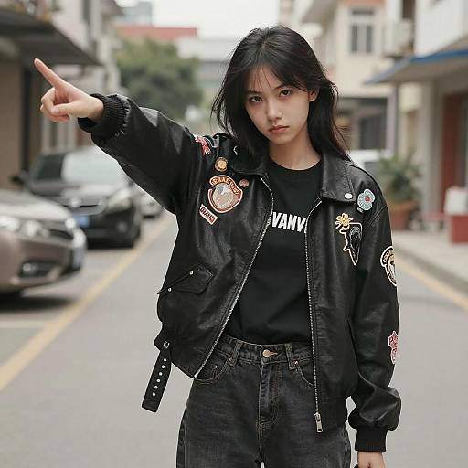 Young Woman in Leather Jacket Pointing
