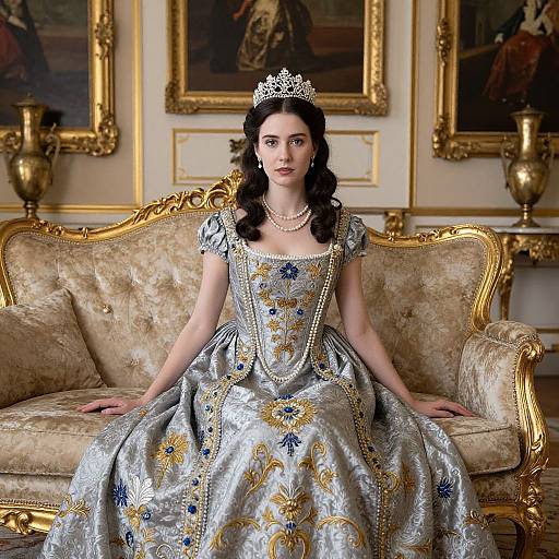 Regal Woman on Ornate Velvet Sofa