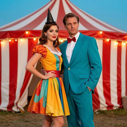 Photograph of a woman in a colorful circus dress and black party hat, and a man in a teal suit, standing in front of a red-and