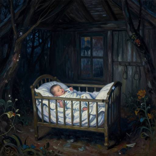 Photorealistic painting of a sleeping baby in a wooden crib, illuminated by soft light, surrounded by dark, forest-like background.