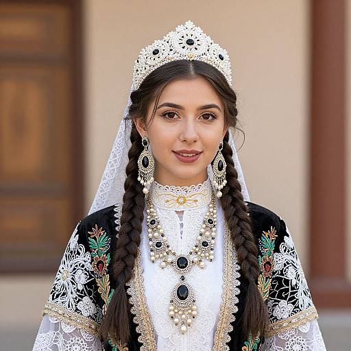 Photograph of a young woman with dark braids, wearing an ornate white lace crown, black embroidered dress with gold details, and large jewelry,