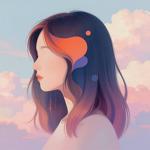 Digital painting of a woman with long, dark purple hair with pink highlights, profile view, soft pink lips, against a pastel sky with fluffy clouds