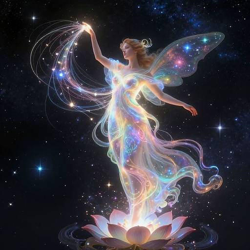Digital artwork: Ethereal fairy with glowing, iridescent wings and dress, holding a radiant orb, standing on a lotus flower against a star