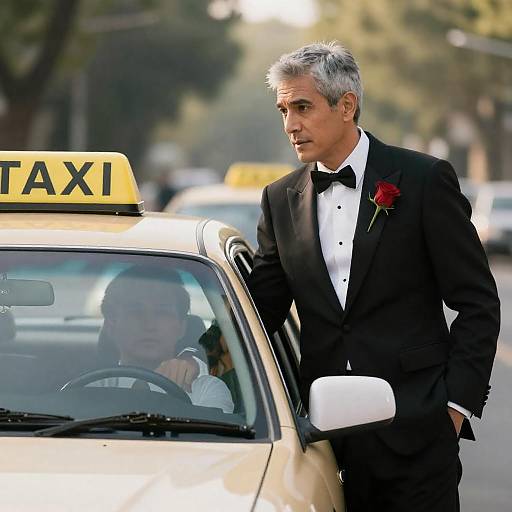 Confident Man in Tuxedo Beside Taxi