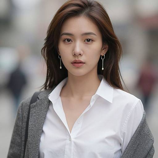 Photograph of an Asian woman with long brown hair, wearing a white button-up shirt and gray cardigan, standing in a blurred urban street background,