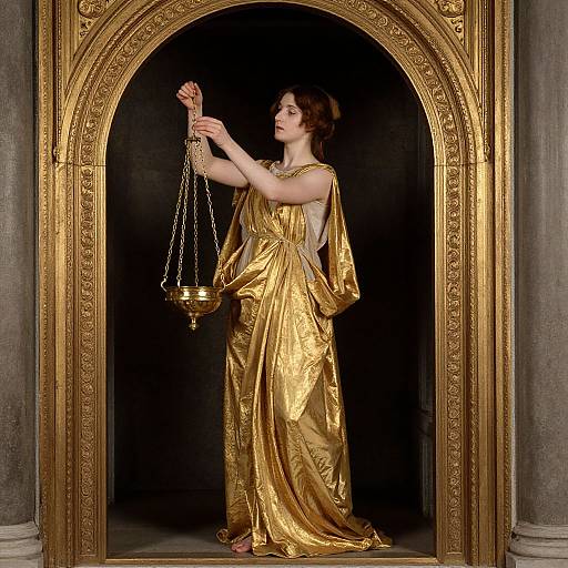 Photograph of a fair-skinned woman in a golden, classical-style dress holding a balanced scale, standing in a grand, ornate gold archway