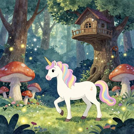 Enchanted forest illustration: White unicorn with pastel mane walks near glowing fireflies, red mushrooms, and wooden treehouse, surrounded by lush green