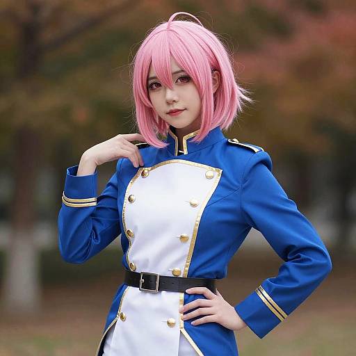 Photograph of an Asian woman with pink bob hair, wearing a blue and white military-style cosplay uniform, standing outdoors with autumn trees in the background.