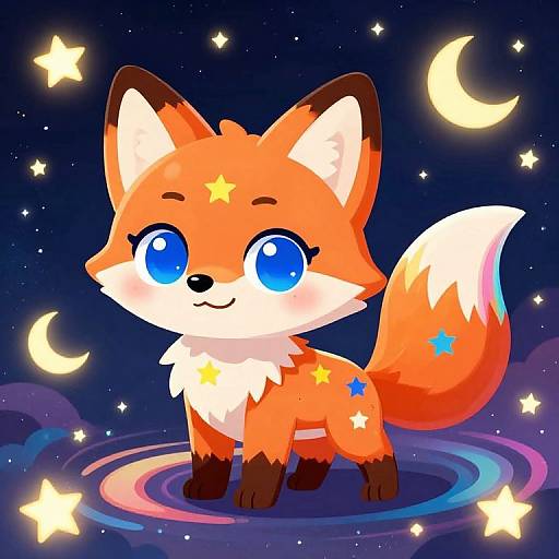 Cute digital illustration of a chibi-style, orange fox with blue eyes, star patterns, and a white-tipped tail, standing on a colorful