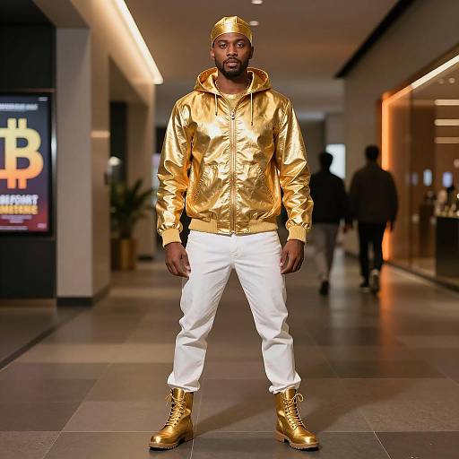 Man Wearing Gold Bitcoin Costume in Modern Hallway