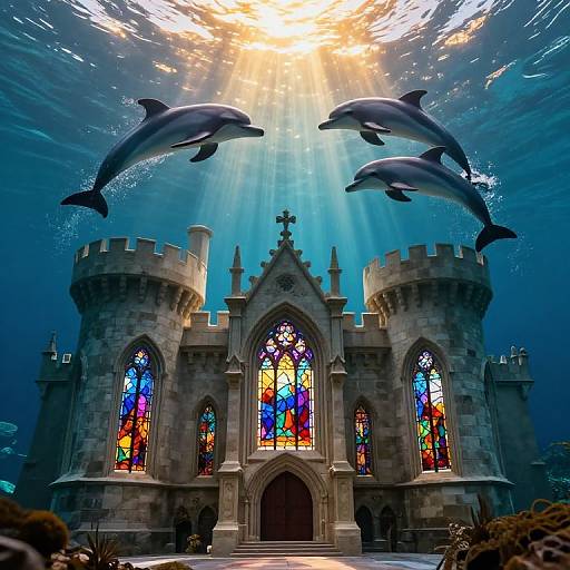 Photograph: Sunlit underwater castle with colorful stained glass windows, surrounded by three dolphins swimming above. Blue water, illuminated by sunlight.
