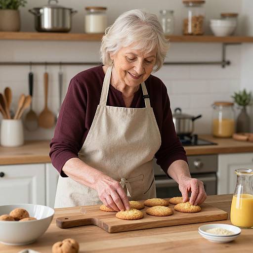 Photograph of an elderly white woman with short gray hair, wearing a maroon shirt and beige apron, making fried cookies in a bright, modern