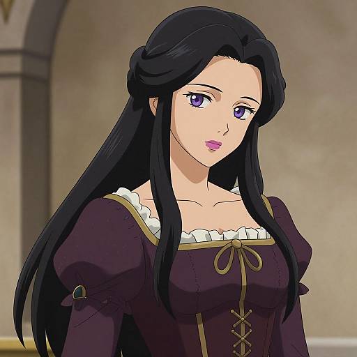 Anime-style digital drawing of a fair-skinned woman with long black hair, purple eyes, and purple dress with gold accents, in a blurred indoor background