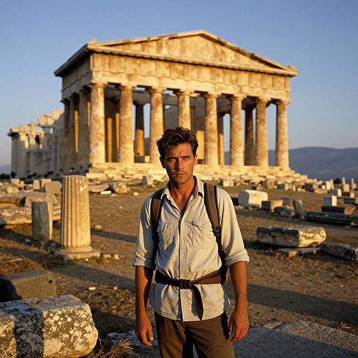 Photograph of a rugged, dark-haired man in a light shirt and brown pants standing in front of a sunlit ancient Greek temple, surrounded by scattered