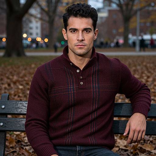 Photograph of a handsome, dark-haired man with fair skin, wearing a maroon plaid sweater, sitting on a park bench amid autumn leaves,