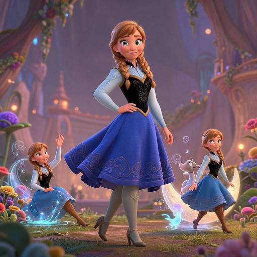 Digital illustration of three animated Frozen sisters in blue dresses, standing in a magical, flower-filled garden with glowing fireflies and soft twilight.