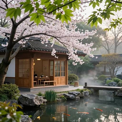 Photograph of a serene Japanese garden with a cherry blossom tree, traditional wooden pavilion, koi pond, and misty morning light.