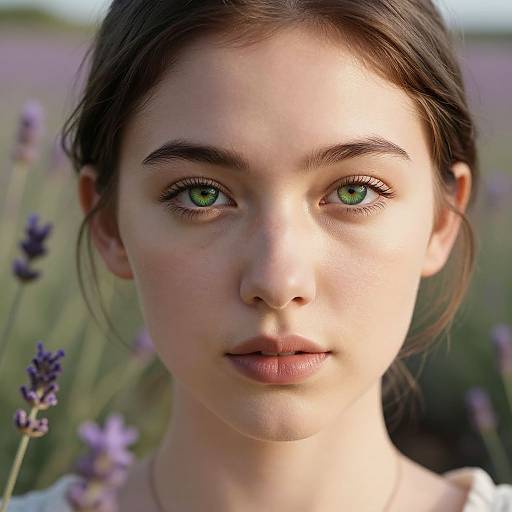 Photograph of a young woman with green eyes, fair skin, and brown hair, standing in a lavender field, with soft sunlight illuminating her face