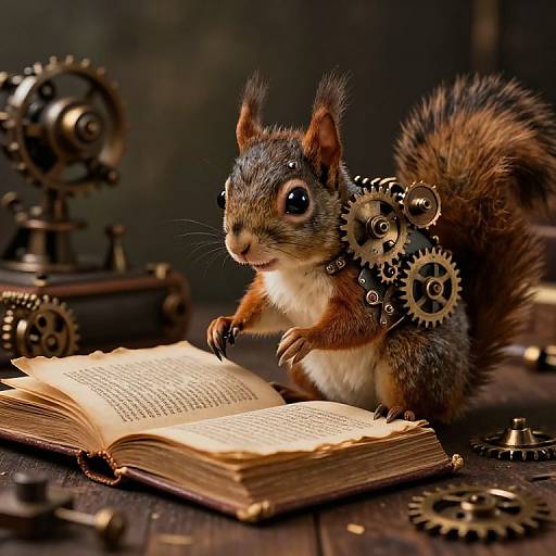 Photograph of a small, realistic squirrel with steampunk gears on its back, reading an open book surrounded by clockwork machinery.
