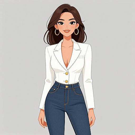 Digital illustration of a confident woman with long brown hair, wearing a white blazer with gold buttons, deep V-neck, and blue jeans. She has