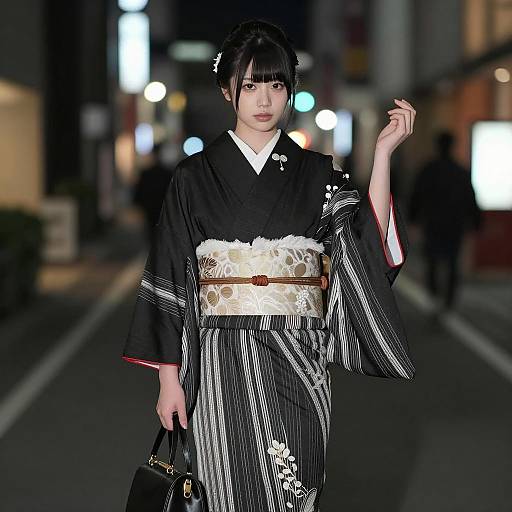 Young Woman in Traditional Japanese Kimono at Night