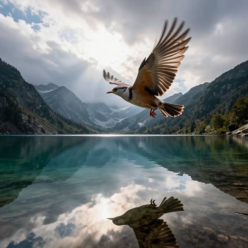 Photograph of a bird in mid-flight over a pristine mountain lake, its reflection mirrored on the water, under a dramatic cloudy sky.