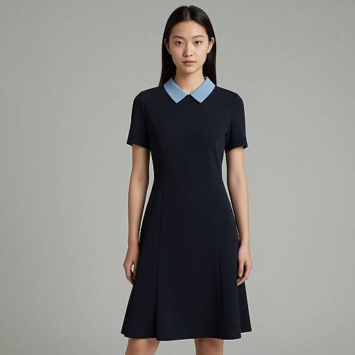 Photograph of an Asian woman with long black hair, wearing a black short-sleeve dress with a light blue Peter Pan collar, standing against a