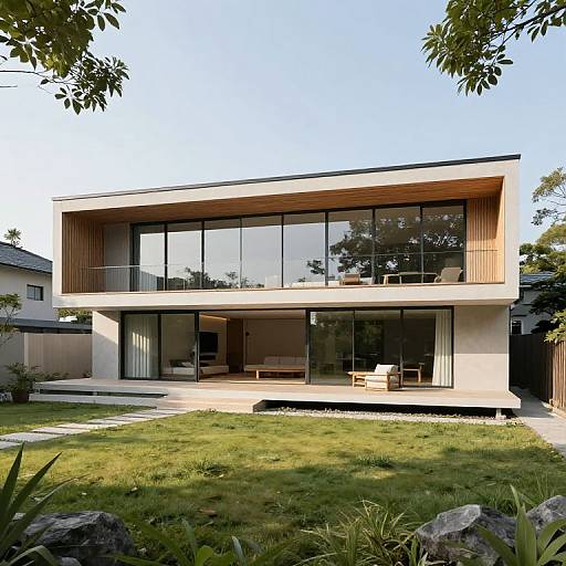 Photograph of a modern two-story house with large glass windows, wooden accents, and a grassy front yard, under a clear blue sky.