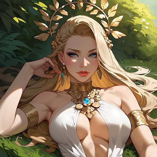 Greek Goddess Hunter Resting in Forest