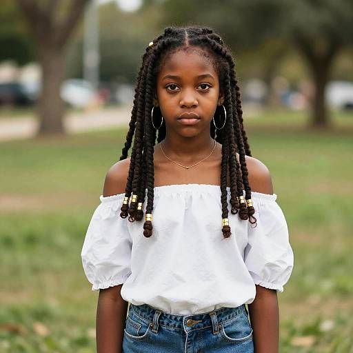 Photograph of a young Black girl with long, braided hair, wearing an off-shoulder white top and blue jeans, standing in a green