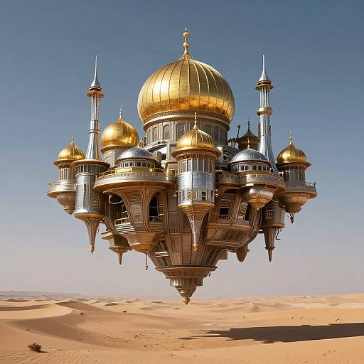 Photorealistic CGI of a golden, dome-topped, steampunk-style airship hovering over a desert with orange sand dunes and clear blue