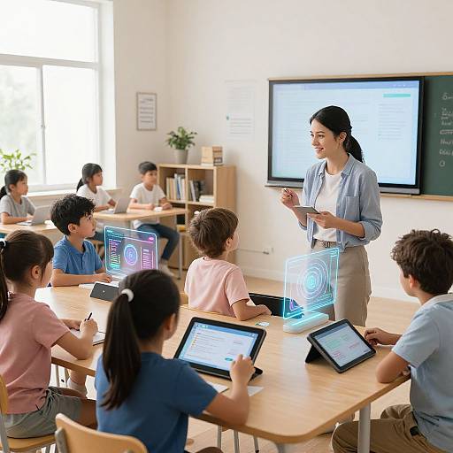 Photograph of a classroom: Female teacher with dark hair in a blue blouse and beige skirt stands, lecturing six children using interactive digital tools at wooden