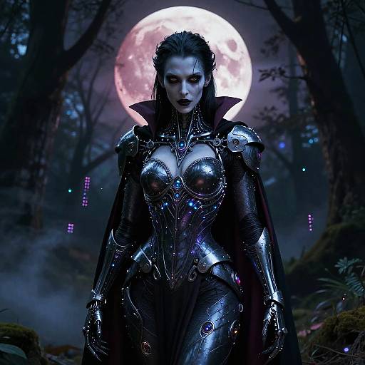 CGI image of a dark-haired woman in metallic, form-fitting armor with exposed cleavage, standing before a glowing full moon in a misty