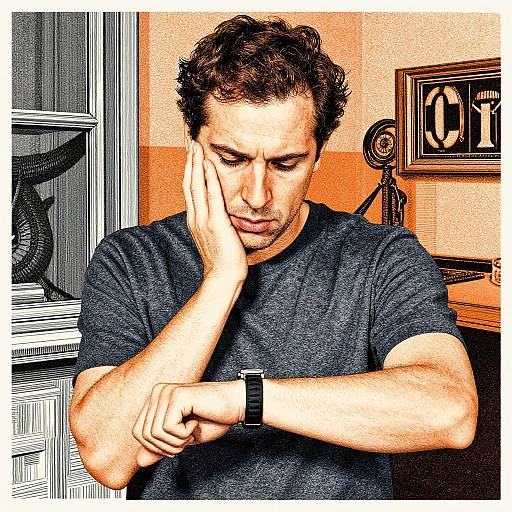 Photograph of a concerned man with short, curly brown hair, wearing a dark gray t-shirt and black wristwatch, touching his cheek in a warmly