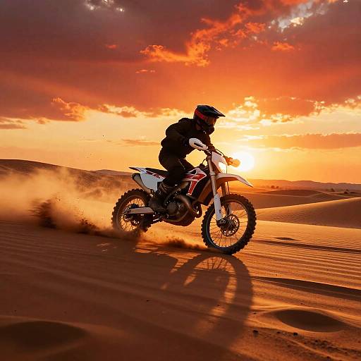 Photograph of a motocross rider in black gear and helmet, riding a white and red bike, kicking up sand, against a dramatic orange sunset