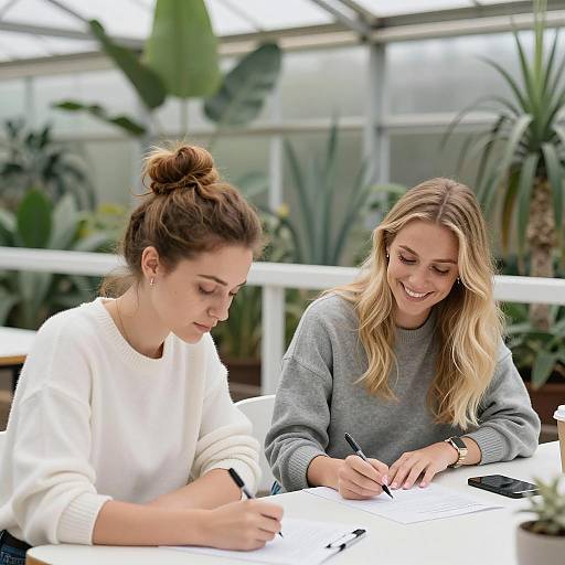 Two Women Writing at Greenhouse Table
