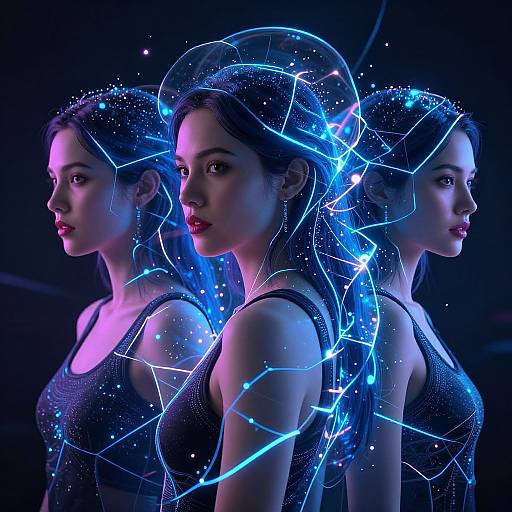 Photograph of three young Asian women with glowing blue neon lines and transparent mesh hair, wearing dark tank tops, against a black background. Neon lights create