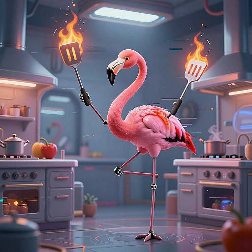 Futuristic Flamingo Juggling Spatulas