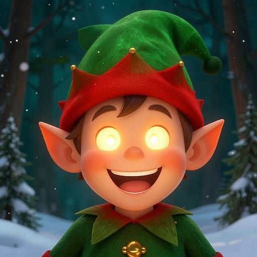 CGI cartoon of a glowing-eyed, smiling elf with green hat, red trim, and green cloak, set against a snowy forest background.
